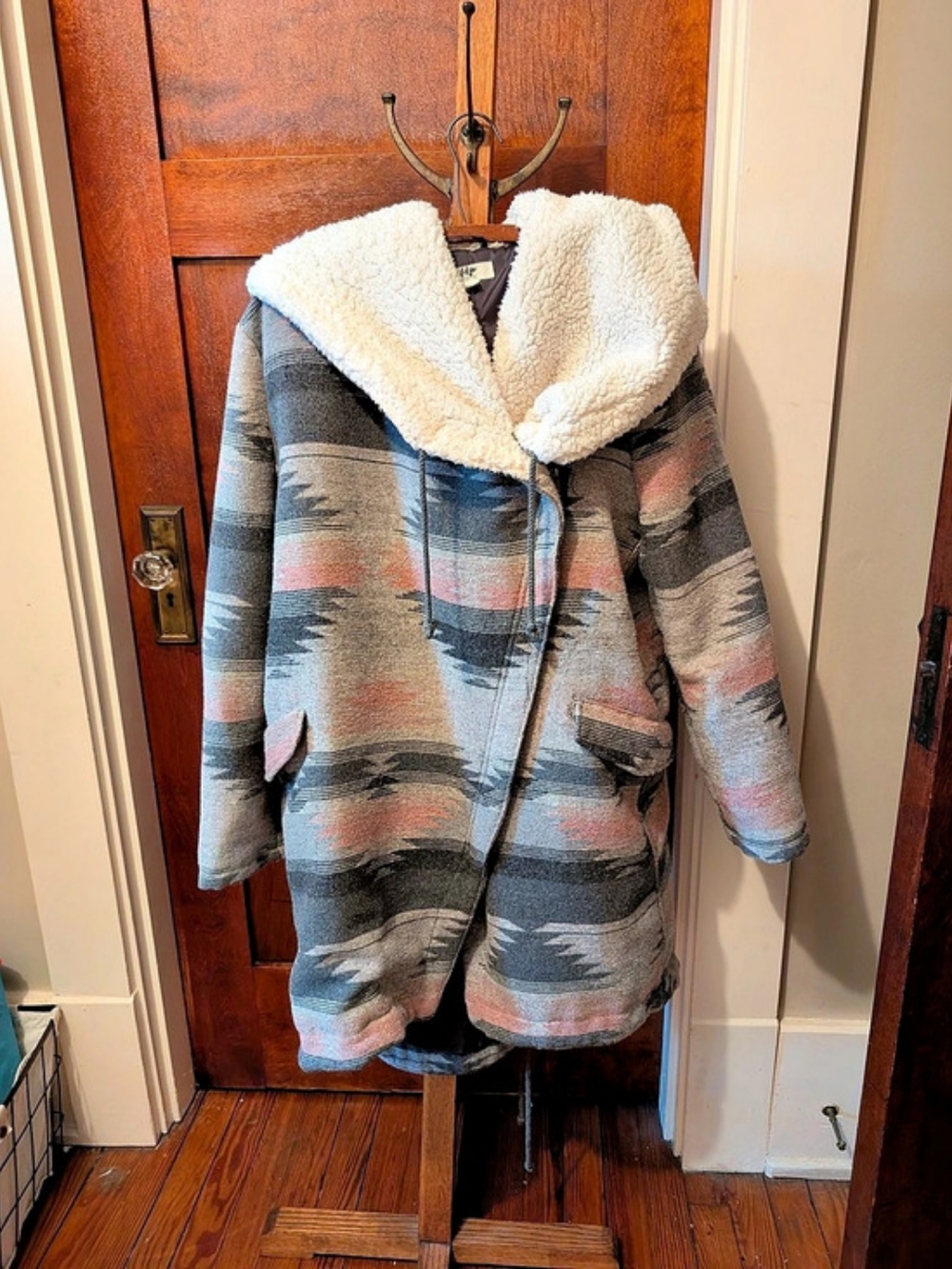 Tokyo Darling Geometric Hooded Coat in Gray & Pink Size Large